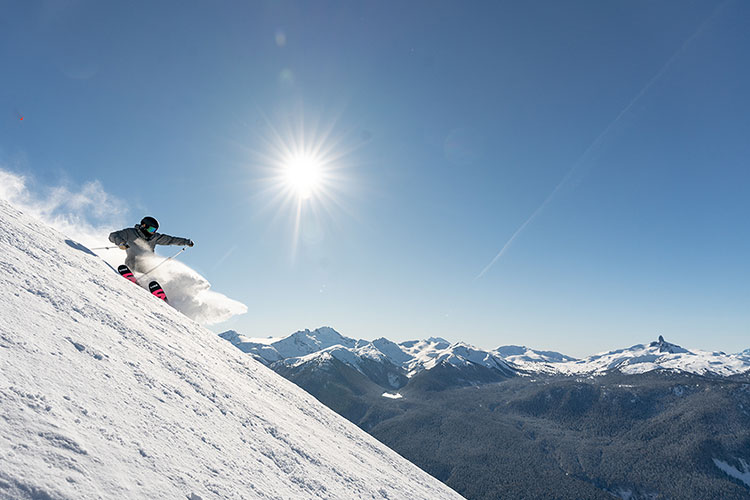 A skier tackles a steep run on Whistler Blackcomb.