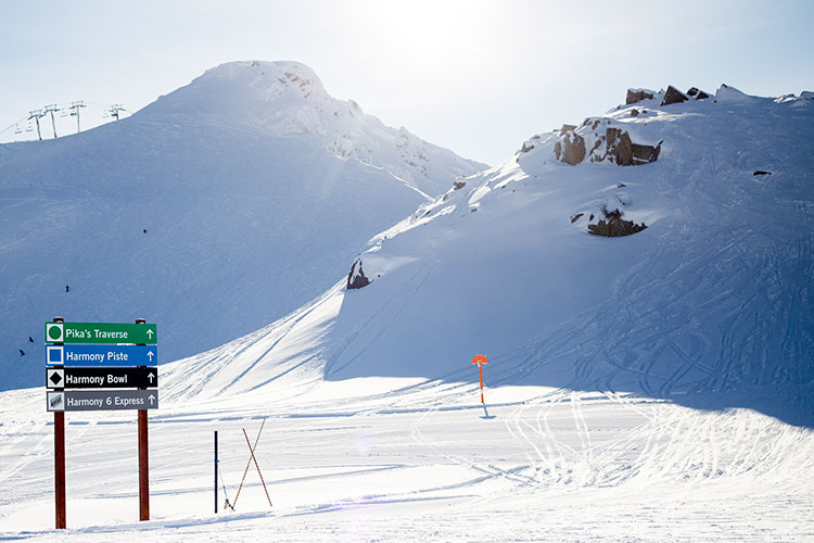 Sign post for green, blue and black runs on Whistler Blackcomb.