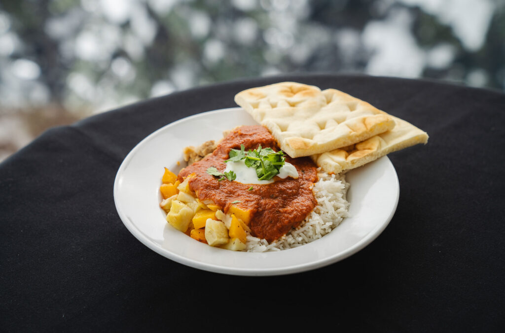 The curry bowl served with chicken, potatoes, rice and naan bread at the Roundhouse Lodge on Whistler Mountain.