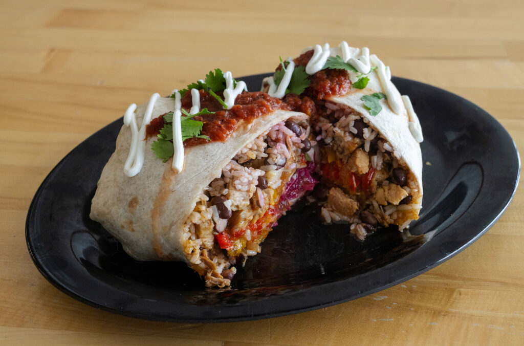 The burrito at Rendezvous Lodge on Blackcomb Mountain, cut in half and bursting with ingredients.