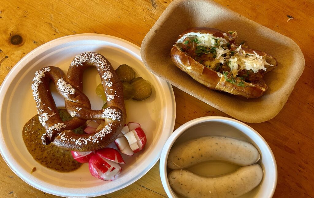 German style pretzel and sausages at Horstman Hut on Whistler.