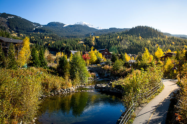 A view of Whistler Creekside from the water to the mountains.