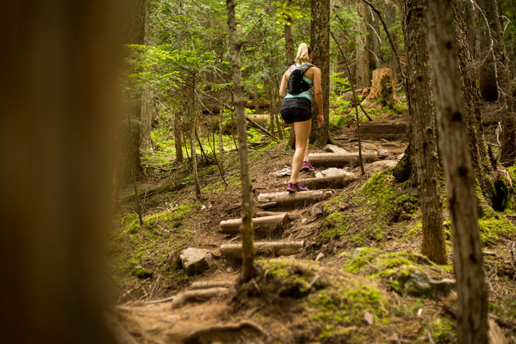 A woman climbs steps in the forest on the Ascent Trails.