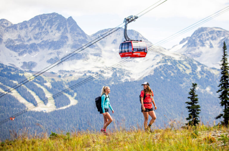 Two women hike under the PEAK 2 PEAK Gondola on Whistler Blackcomb.