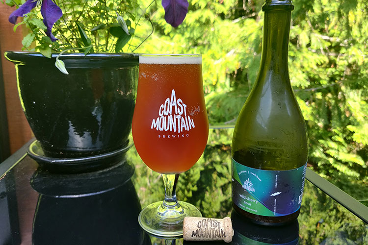 A glass of the Coast Mountain Wild Sour Cherry beer sits on an outdoor table.