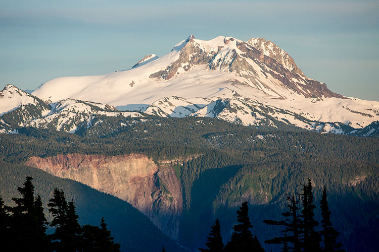 A snowy view of Mount Garibaldi from Mount Brew in Whistler.