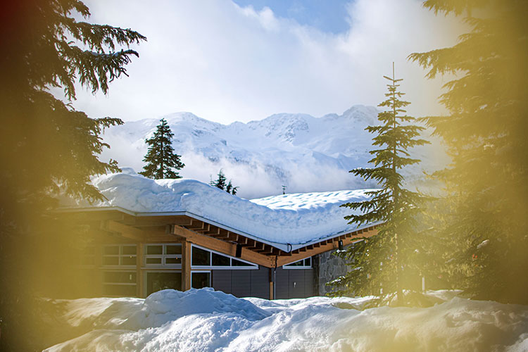 A shot of the Day Lodge at Whistler Olympic Park in the winter.