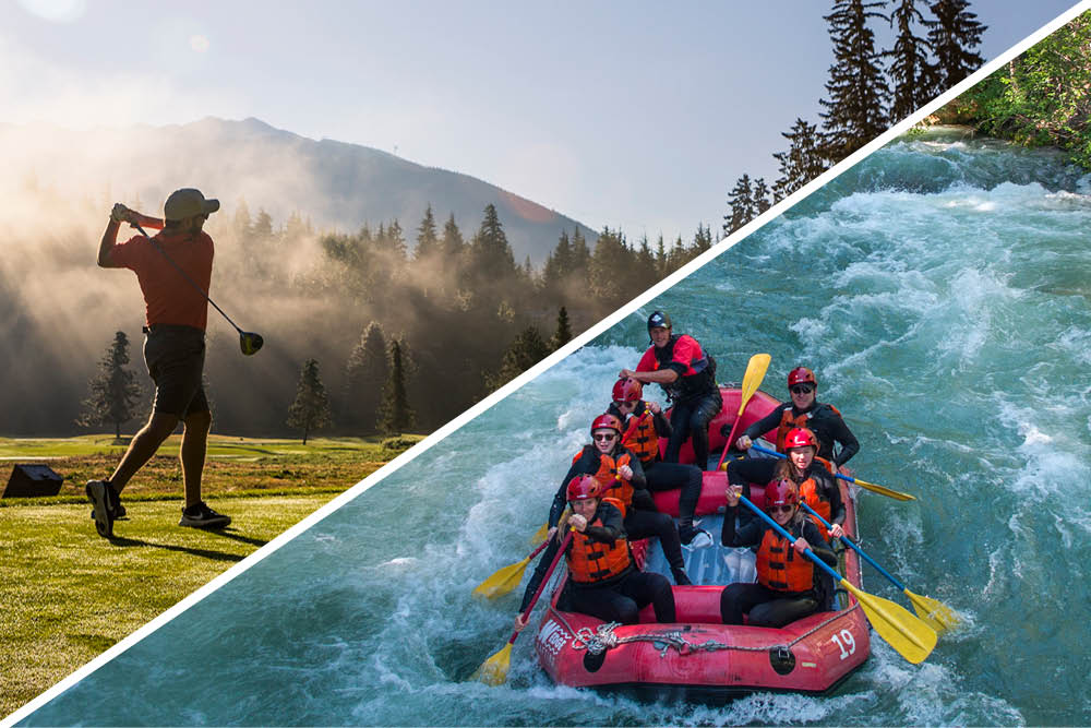 Golfer at dawn and a group rafting down a river.