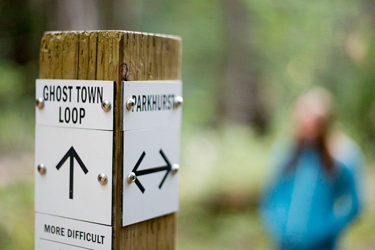 The sign post for the Ghost Town Loop on the Parkhurst hike.