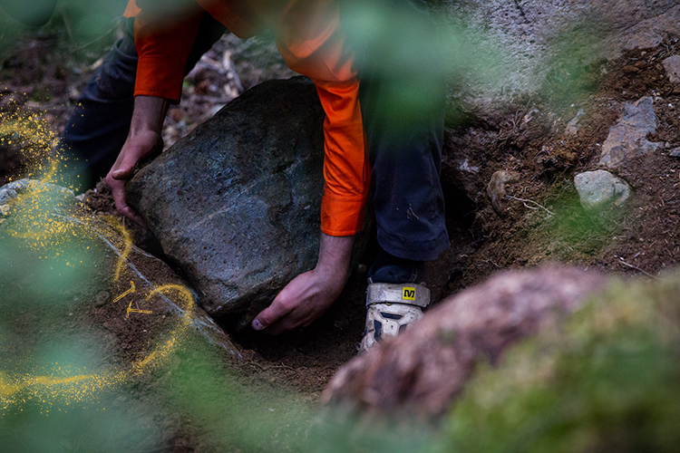 A trail builder picks up a large rock on a bike trail.