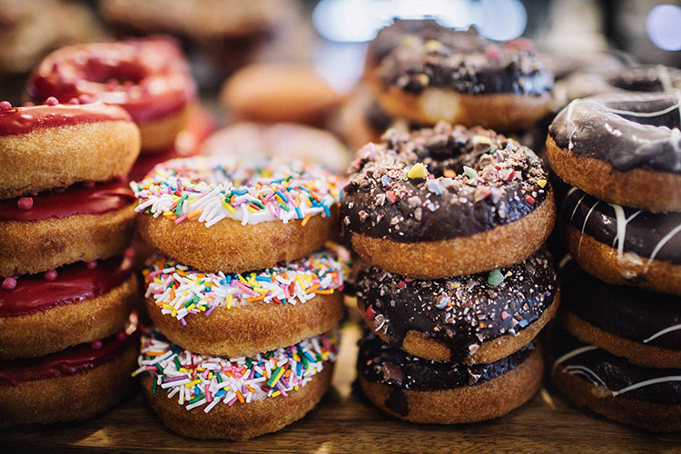 Stacks of donuts on display at Portobello in Whistler.