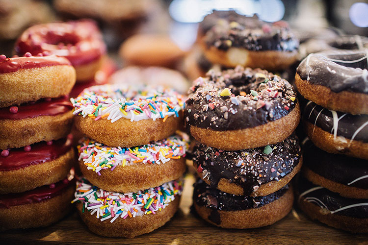 Stacks of donuts on display at Portobello in Whistler.