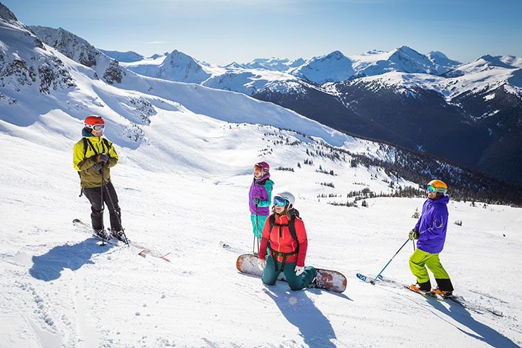 A group of skiers and boarders on Whistler Blackcomb.