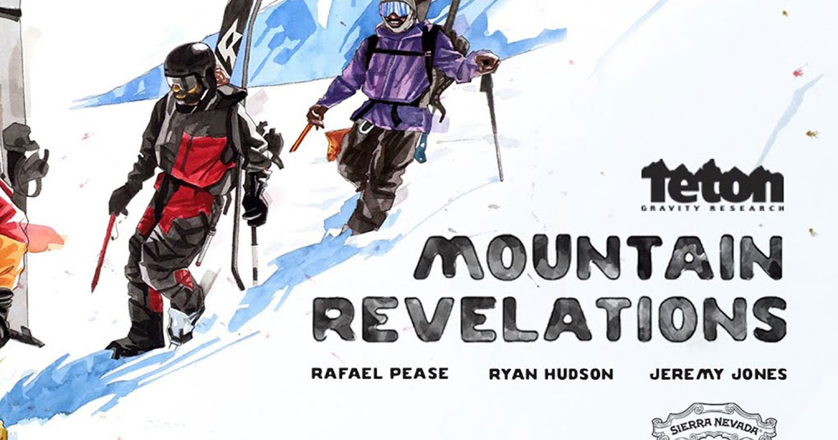 The Mountain Revelations poster shows three skiers hiking in the backcountry.