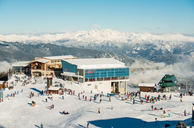 Winter view on the top of Emerald Chair towards the snowy Roundhouse on Whistler Mountain.
