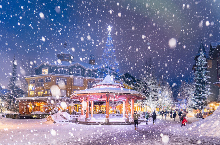 Snow falls on a gazebo in Whistler Village.
