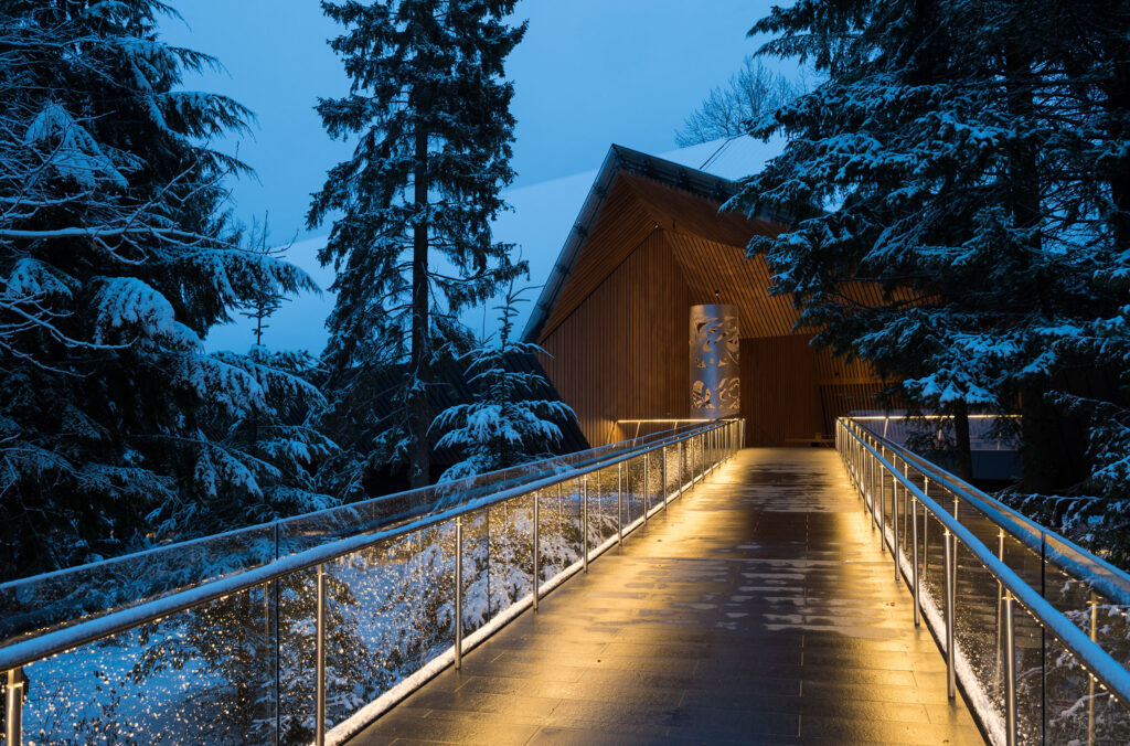 The entrance of the Audain Art Museum in Whistler, in winter.