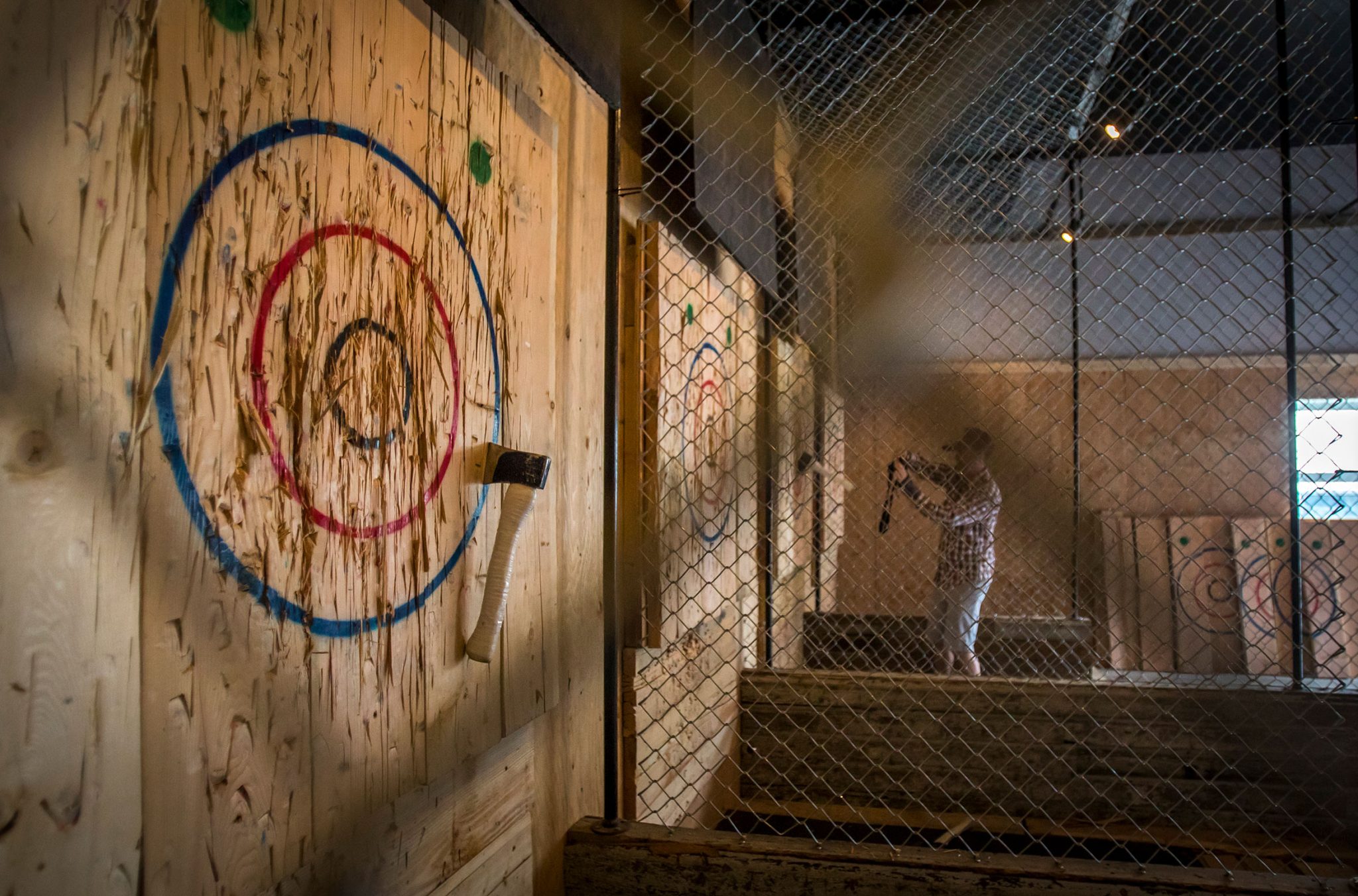 The axe boards and cages at Whistler's Forged Axe Throwing. 