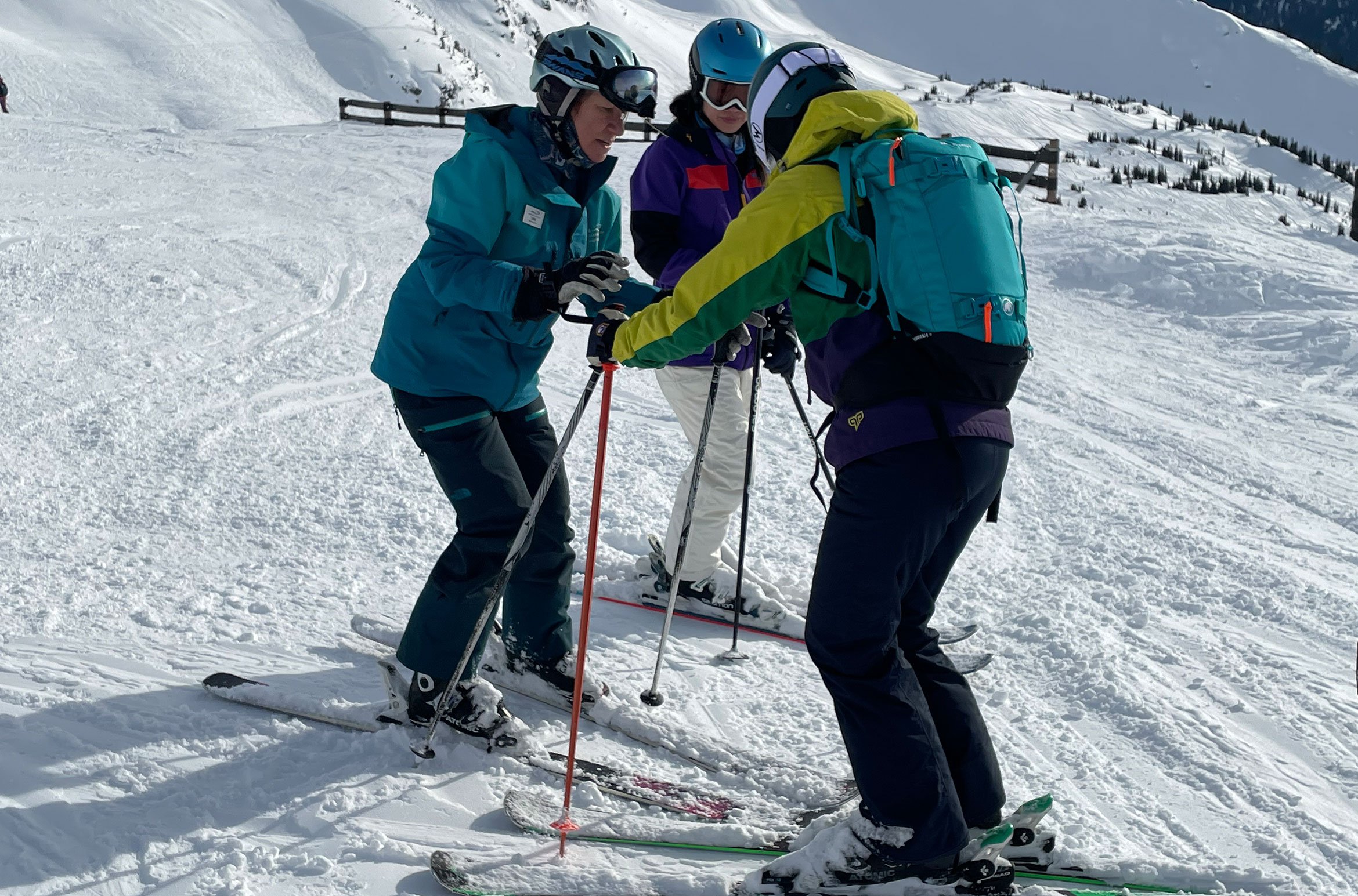A Whistler Blackcomb coach gives a skier tips on positioning. 