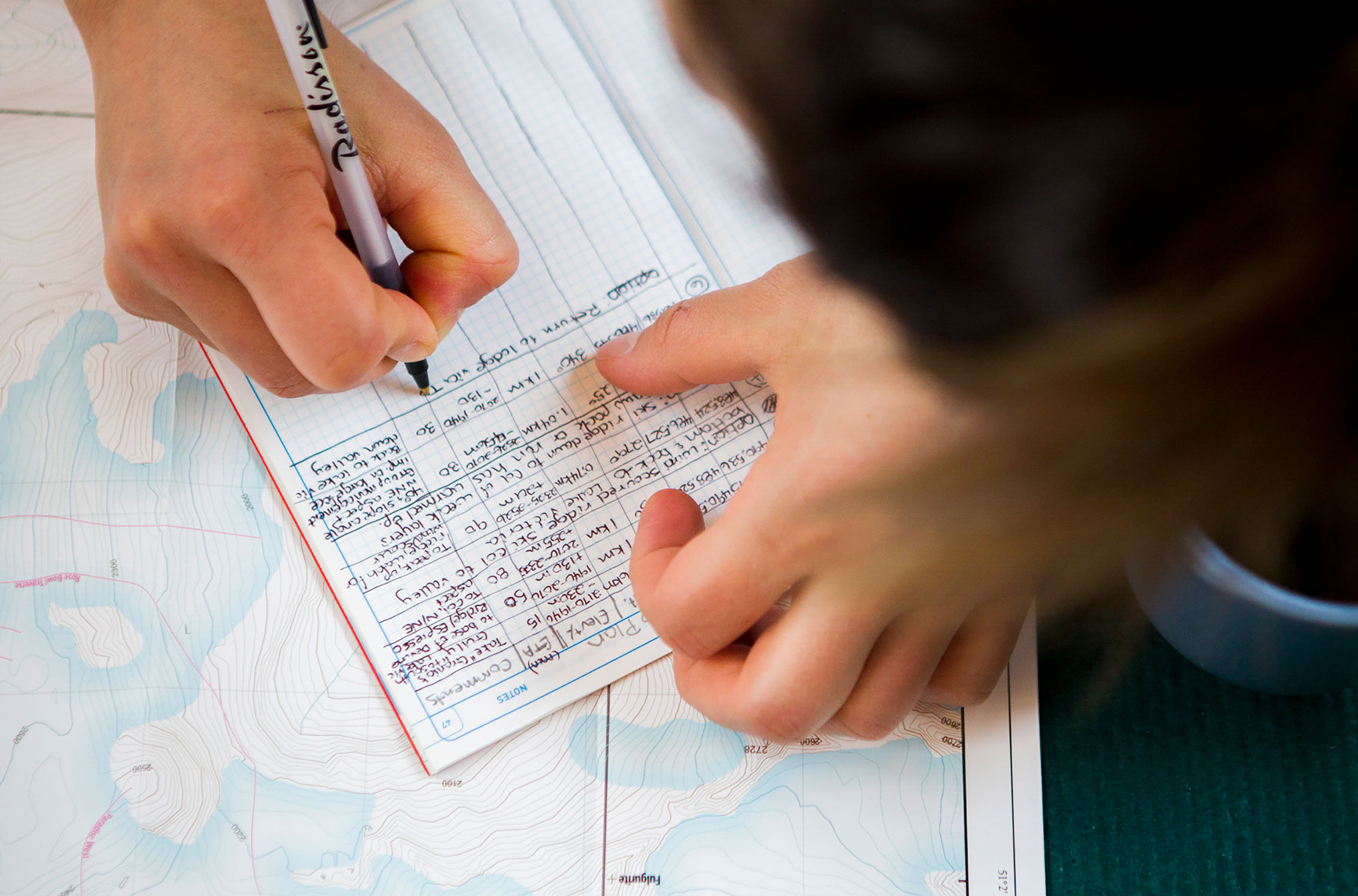 Some one takes down notes on the terrain and weather in a pad.