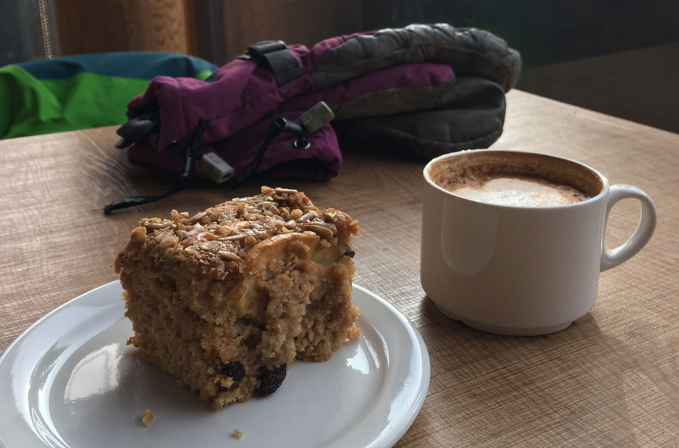 Kate's cake and coffee after cross-country skiing in Whistler.