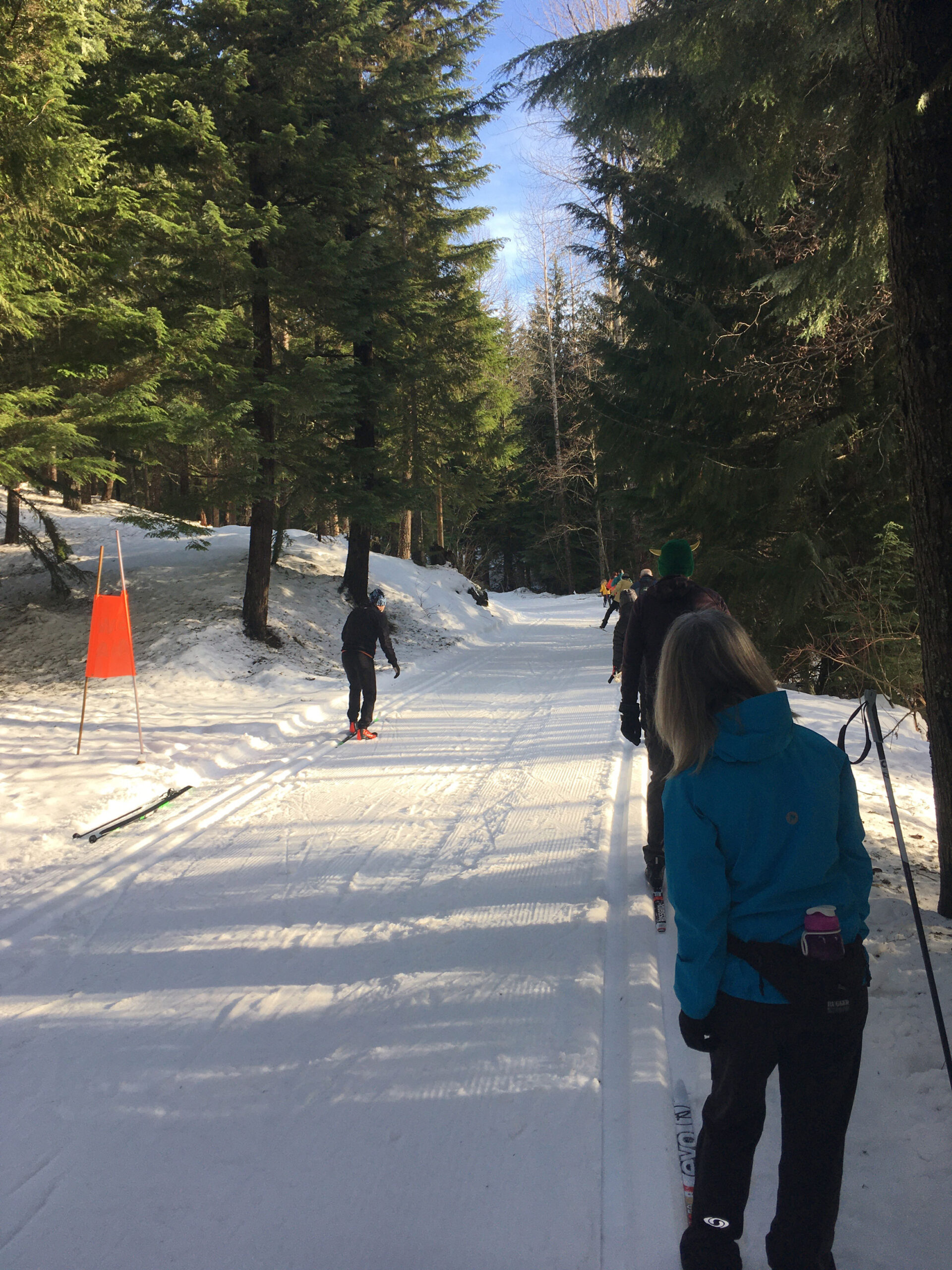 Beginner, cross-country skiers watch their instructor demonstrate technique.