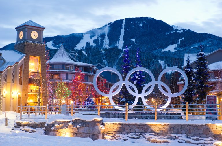 The Olympic Rings at Whistler Olympic Plaza in the winter.