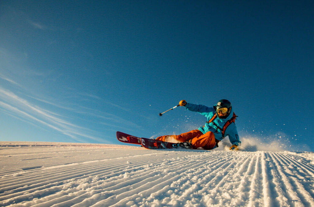 A skier enjoys the slopes in the spring sunshine on Whistler Mountain.