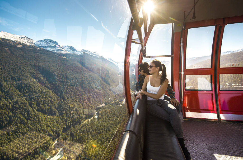 A couple ride the PEAK 2 PEAK gondola in Whistler, no crowds midweek.