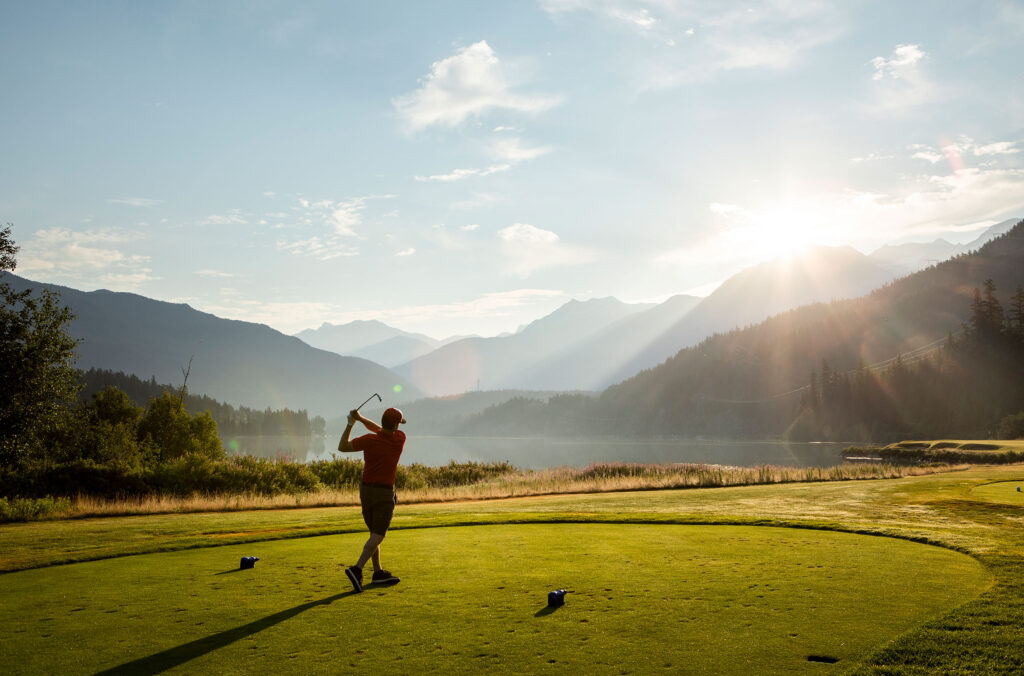 A golfer tackles a hole on Nicklaus North Golf Club in Whistler.