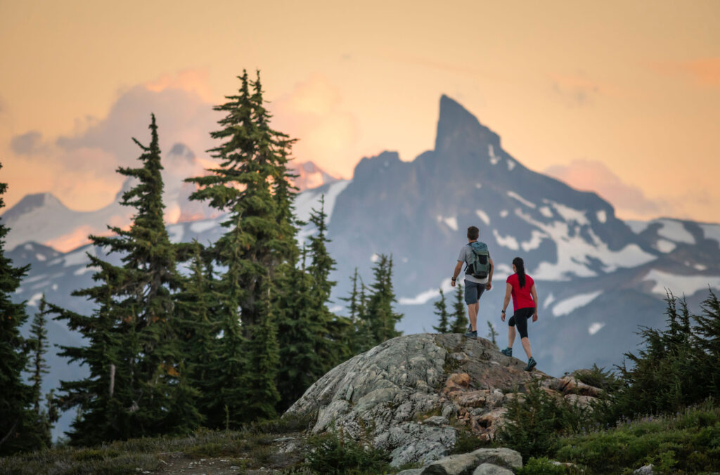 Two hikers admire the view of Black Task when hiking on Whistler Mountain in the summer.