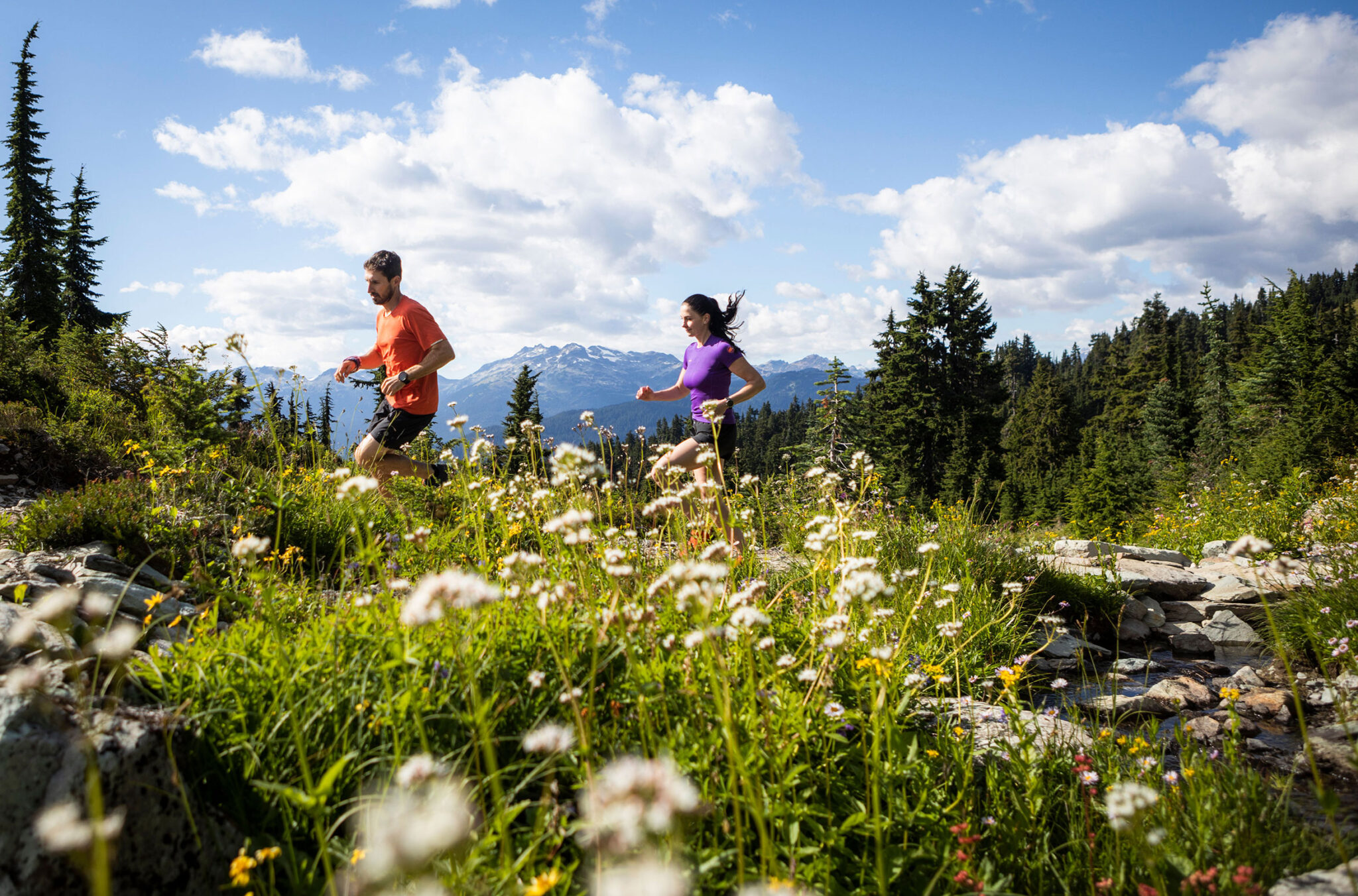 Two runners make their way through alpine trails on Whistler Blackcomb.