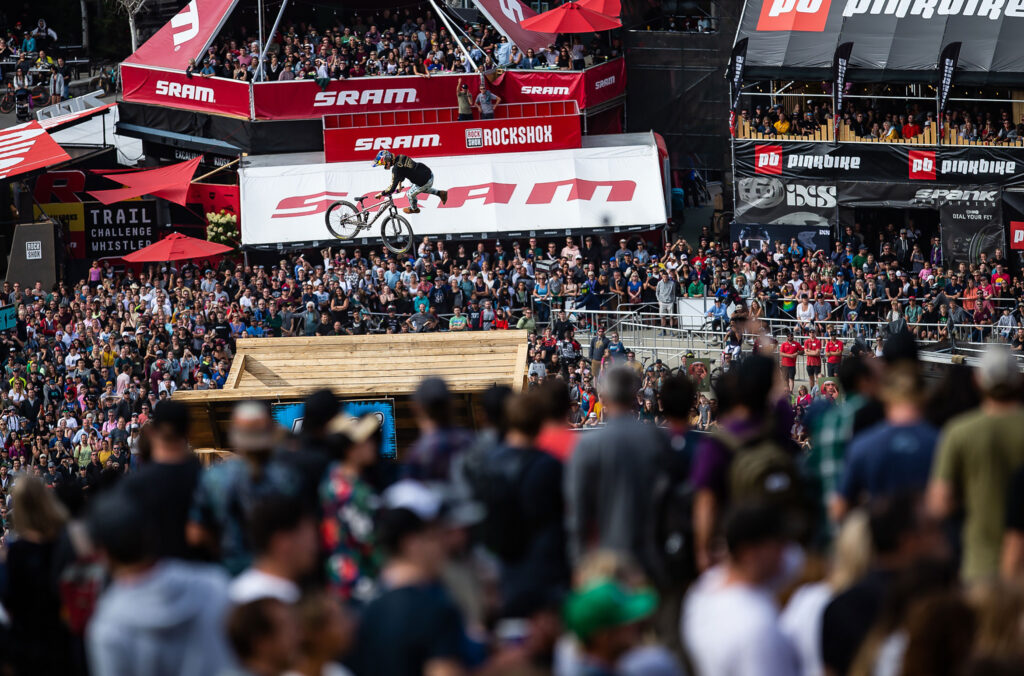 Bikers aim to impress the crowds and judges during the Red Bull Joyride event at Crankworx Whistler.