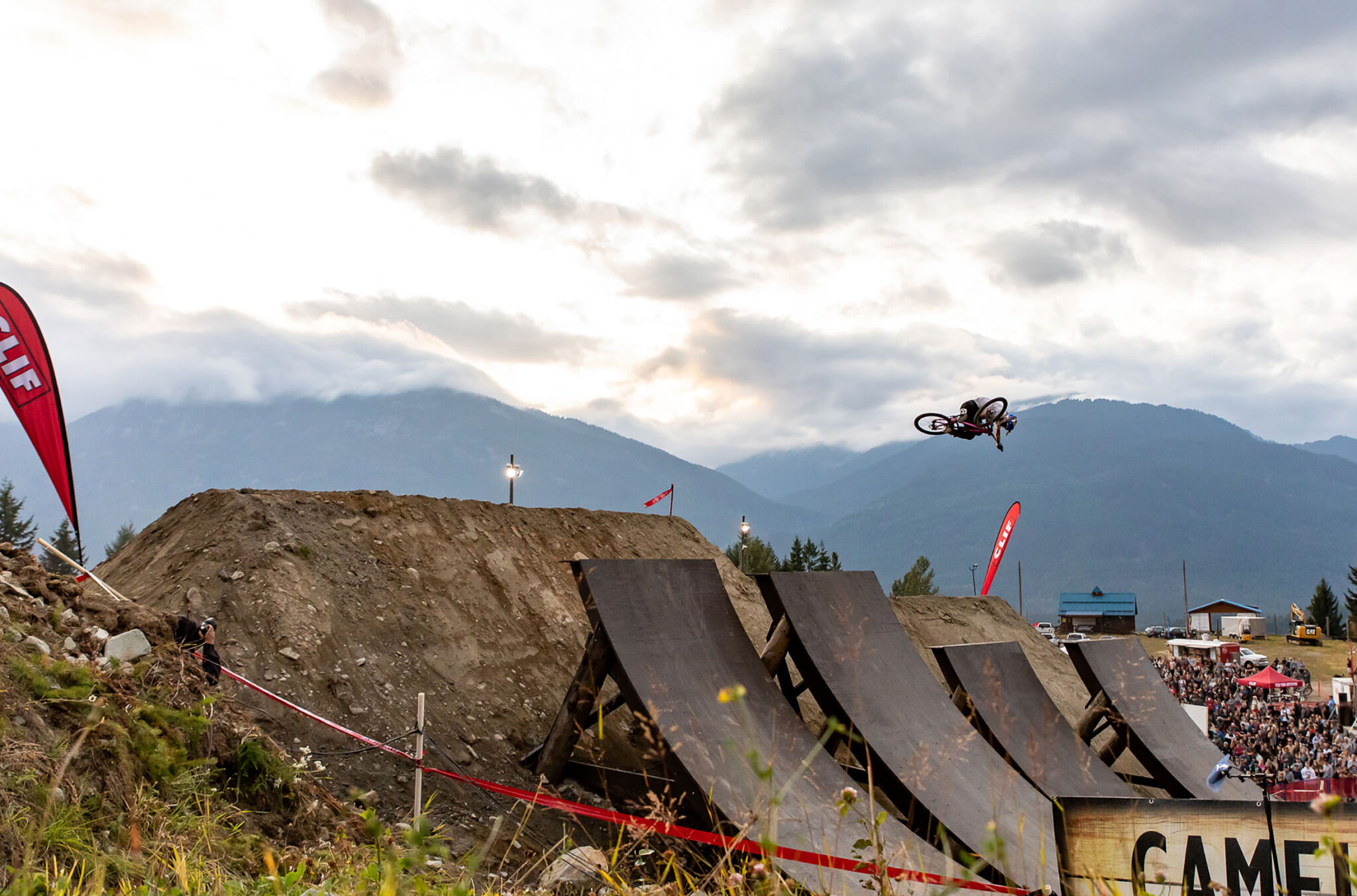 A mountain biker shows their tricks in Speed and Style on Whistler Mountain at the Crankworx festival.