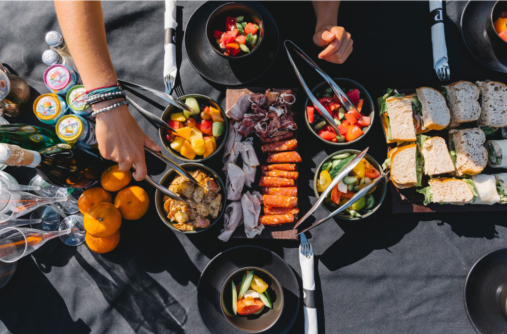 Adventure dining via helicopter. A vibrant picnic spread that's part of Blackcomb Heli's picnic and paddle tour.