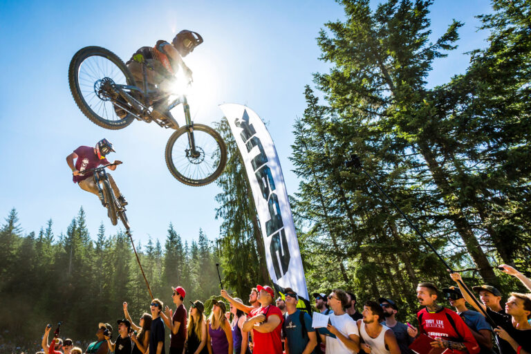 Two bikers compete at one of the Crankworx events in Whistler.
