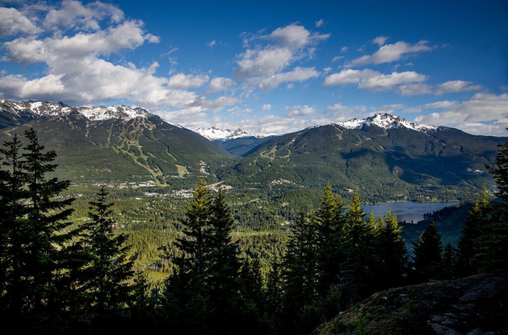Whistler and Blackcomb Mountains in the summer sun.
