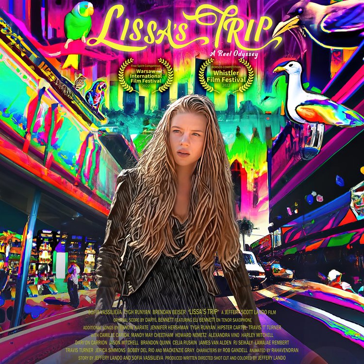 Lissa's Trip movie poster with the main character looking a little worse for wear with a trippy, multi-coloured background.