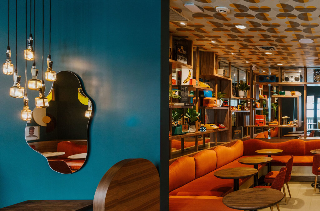 A shot of the funky 70s-styled decor of Rockit Coffee Co. in Creekside, Whistler.