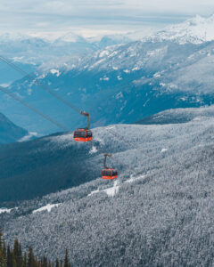 The PEAK 2 PEAK Gondola takes skiers from Whistler to Blackcomb Mountain on opening day.