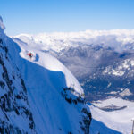 Freeskiing athlete, Ryder Bulfone tackling a steep peak on Whistler Blackcomb.