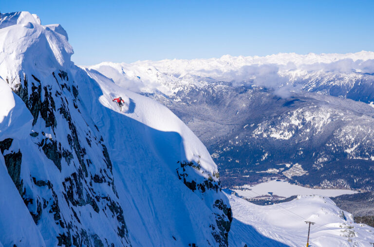 Freeskiing athlete, Ryder Bulfone tackling a steep peak on Whistler Blackcomb.