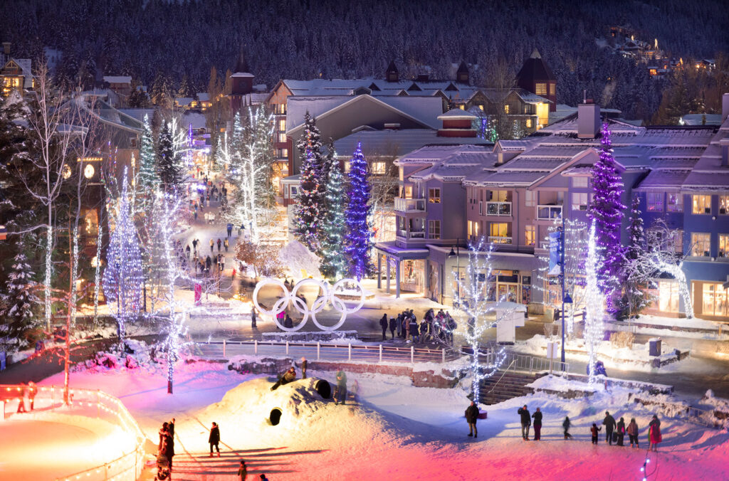 A shot of Whistler Village twinkling with all its festive lights in winter time.