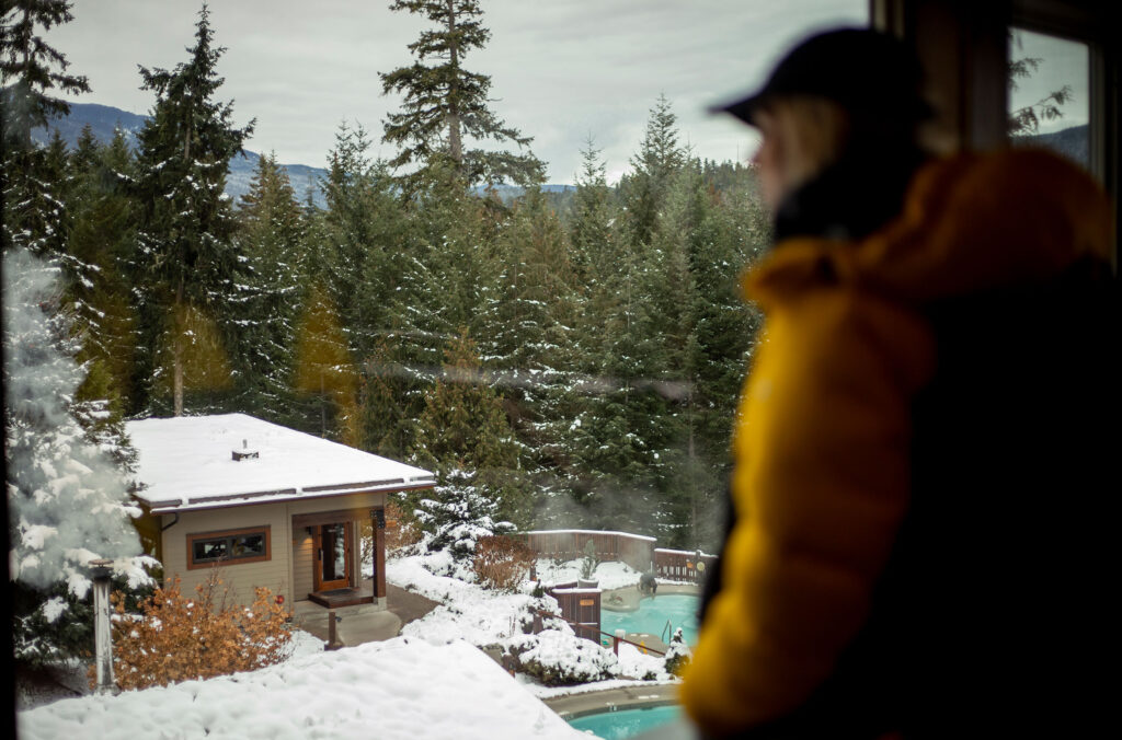 Ski athlete, Tonje Kvivik looks out over the Scandinave Spa Whistler.