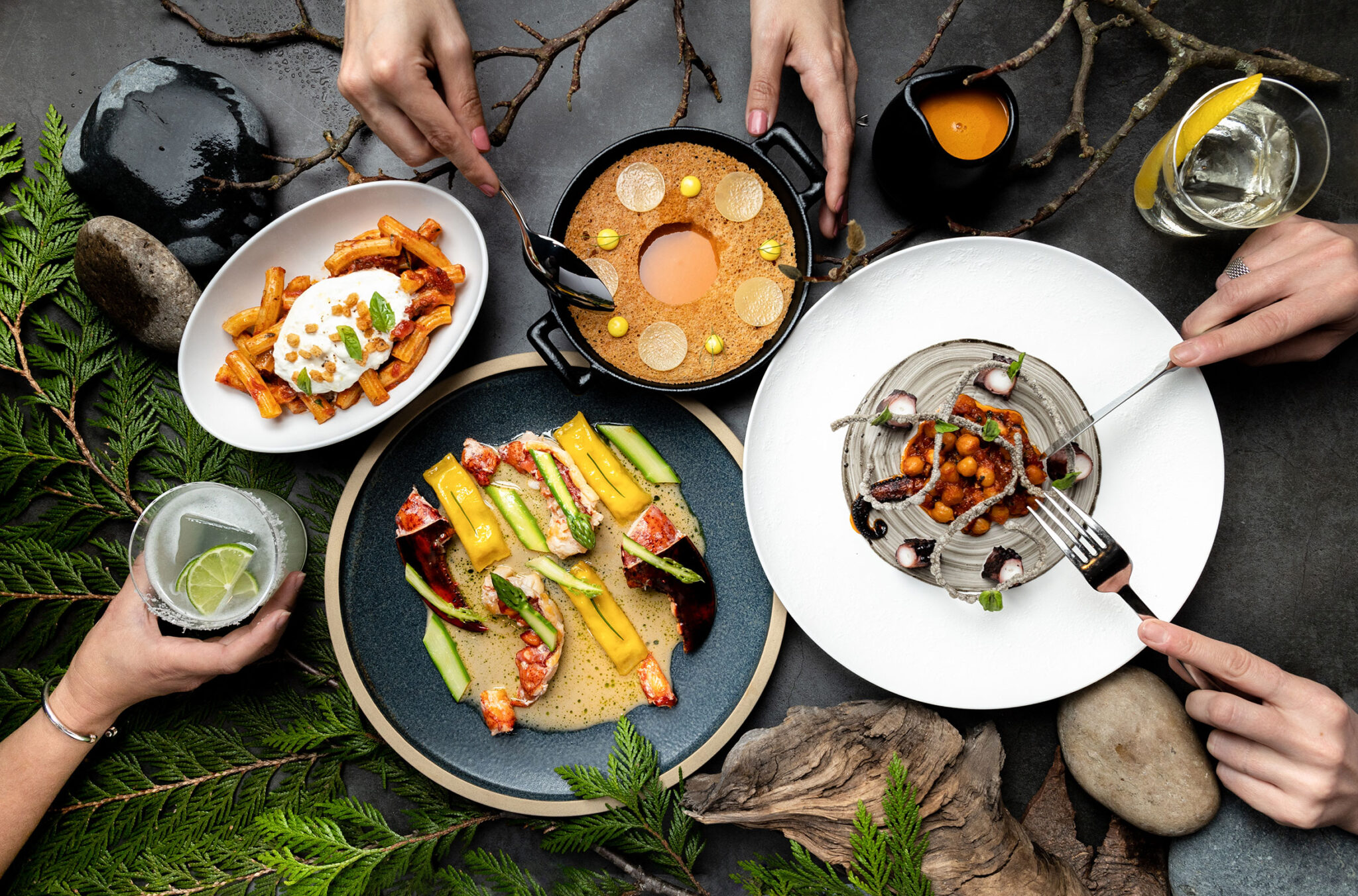 A stunning collection of colourful dishes from Wild Blue in Whistler.