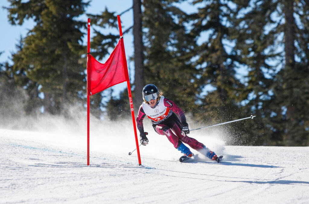 A skier comes into a gate during the Peak to Valley Race on Whistler Blackcomb.