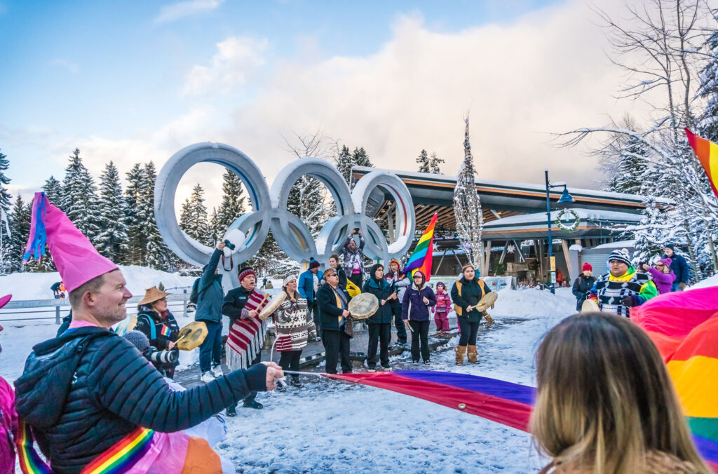 The Pride Parade finishing at the Olympic Rings at Whistler Olympic Plaza.