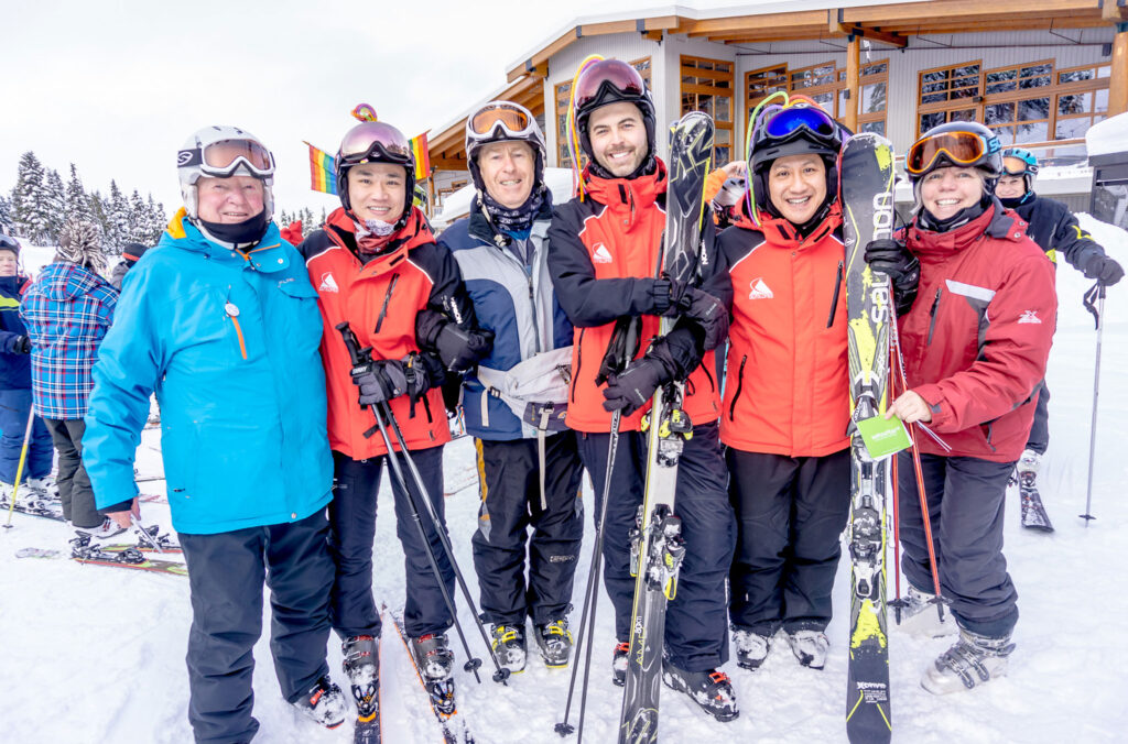 One of the guided ski groups meeting on the slopes on Whistler Blackcomb.