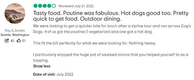 A Tripadvisor review of Zog's Dogs.