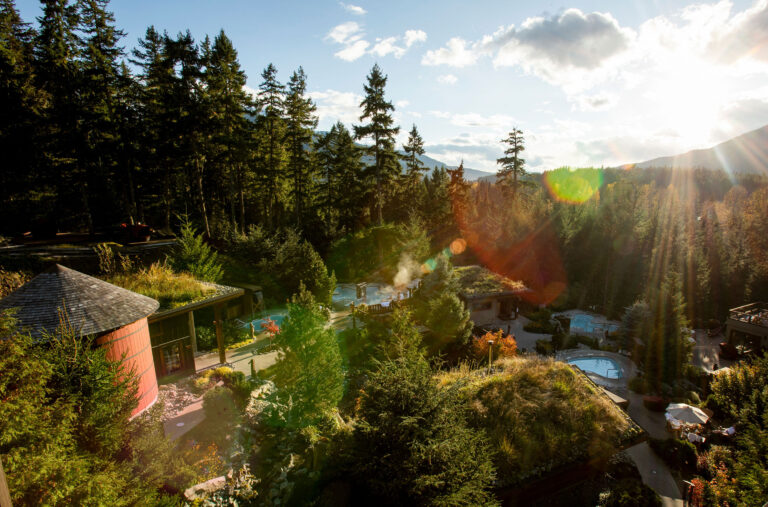 A shot of Scandinave Spa Whistler in the summer sunshine.